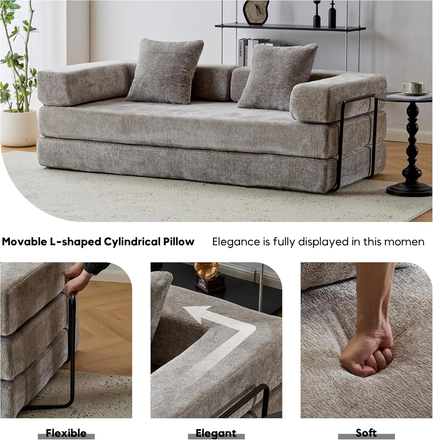 Convertible Floor Sofa Bed with Fixed-Shape Frame, Modular Chenille Folding Mattress Couch with Armrest, Floor Sofa Lounge Couch for Living Room Bedroom Lounge Studio,Light Grey