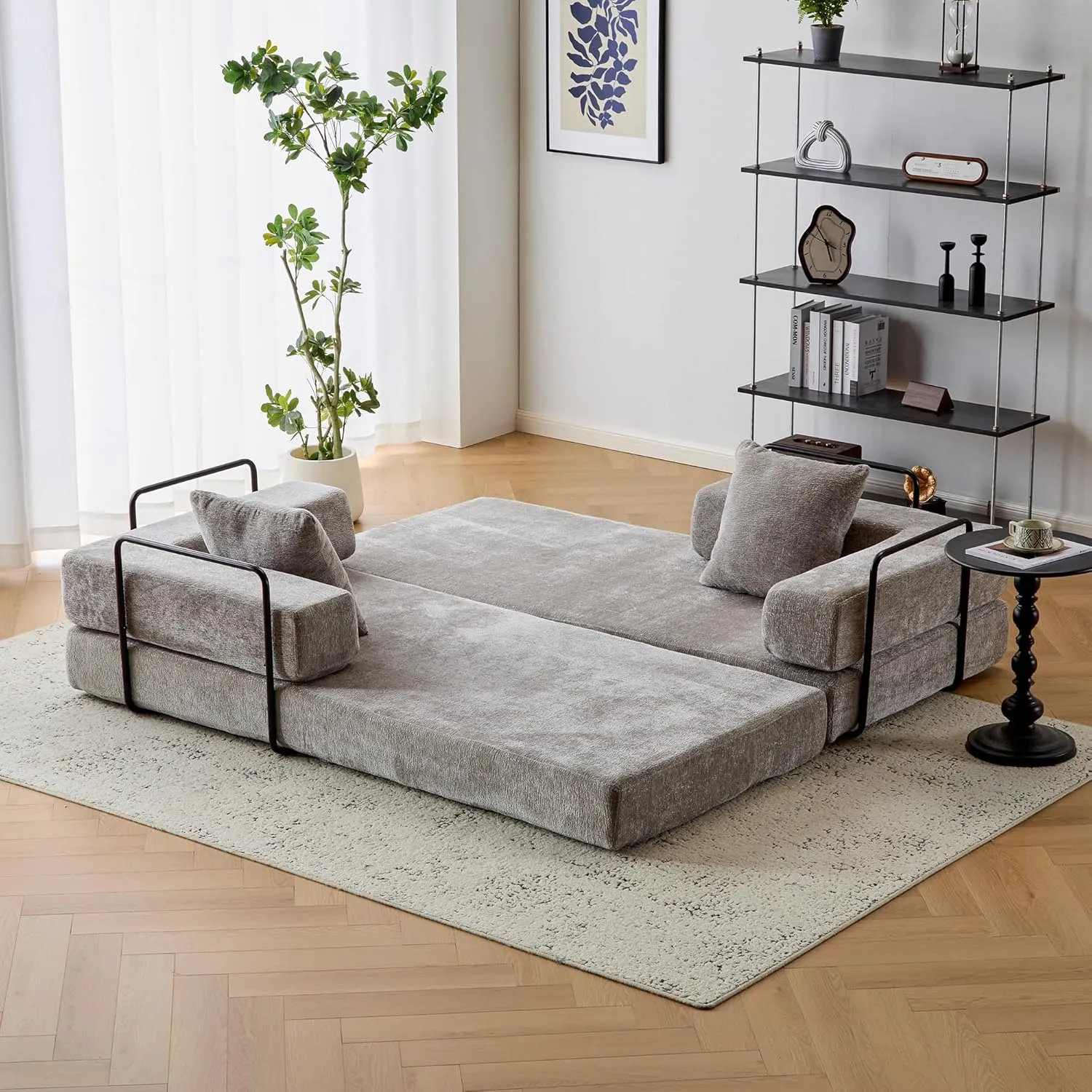 Convertible Floor Sofa Bed with Fixed-Shape Frame, Modular Chenille Folding Mattress Couch with Armrest, Floor Sofa Lounge Couch for Living Room Bedroom Lounge Studio,Light Grey