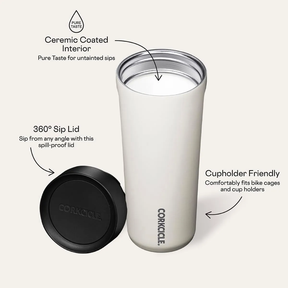 Corkcicle Commuter Cup Travel Mug with 360° Sip Lid, Dune, 17 oz – Insulated Coffee Mug with Lid Keeps Beverages Cold 18 Hours, Hot 5 Hours – Cupholder Friendly & Spill-Proof Slim Tumbler