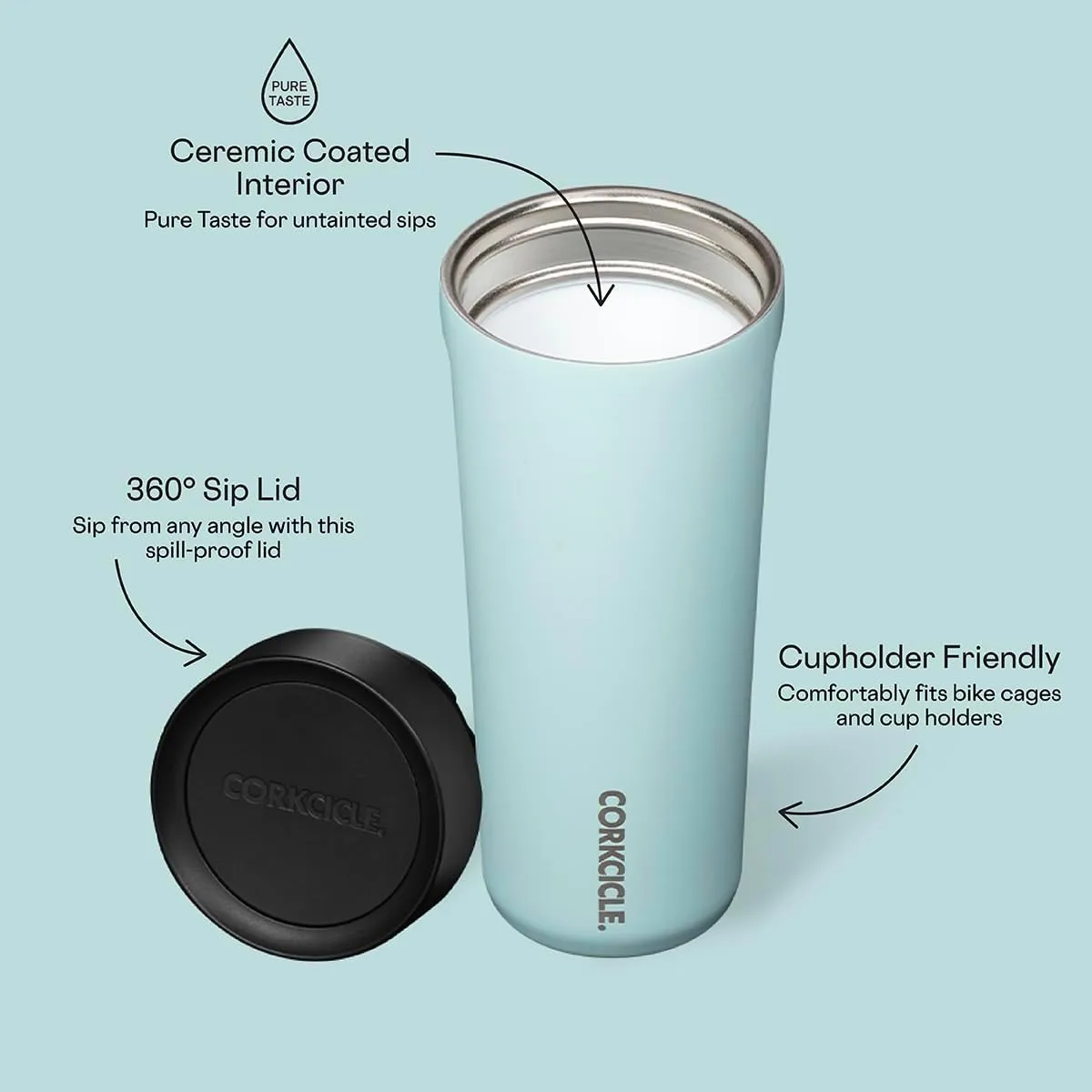 Corkcicle Commuter Cup Travel Mug with 360° Sip Lid, Gloss Powder Blue, 17 oz – Insulated Coffee Mug with Lid Keeps Beverages Cold 18 Hours, Hot 5 Hours – Cupholder Friendly & Spill-Proof Slim Tumbler