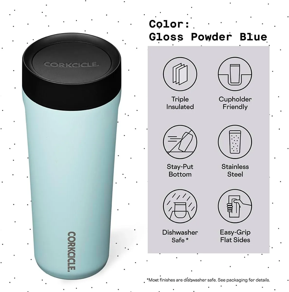 Corkcicle Commuter Cup Travel Mug with 360° Sip Lid, Gloss Powder Blue, 17 oz – Insulated Coffee Mug with Lid Keeps Beverages Cold 18 Hours, Hot 5 Hours – Cupholder Friendly & Spill-Proof Slim Tumbler
