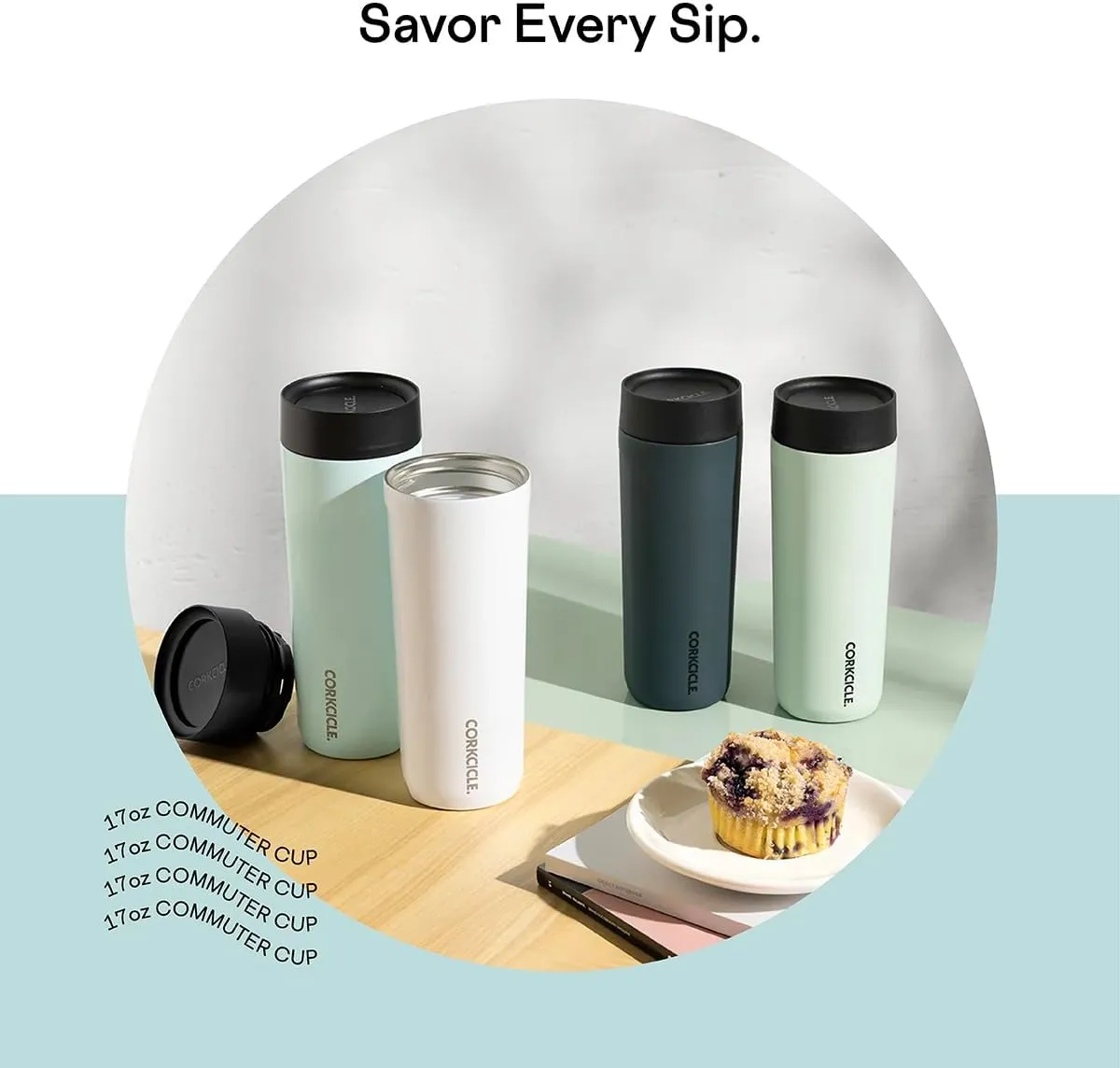 Corkcicle Commuter Cup Travel Mug with 360° Sip Lid, Gloss Powder Blue, 17 oz – Insulated Coffee Mug with Lid Keeps Beverages Cold 18 Hours, Hot 5 Hours – Cupholder Friendly & Spill-Proof Slim Tumbler
