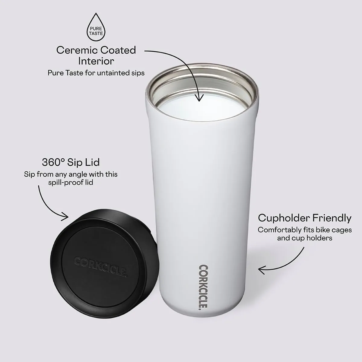 Corkcicle Commuter Cup Travel Mug with 360° Sip Lid, Gloss White, 17 oz – Insulated Coffee Mug with Lid Keeps Beverages Cold 18 Hours, Hot 5 Hours – Cupholder Friendly & Spill-Proof Slim Tumbler