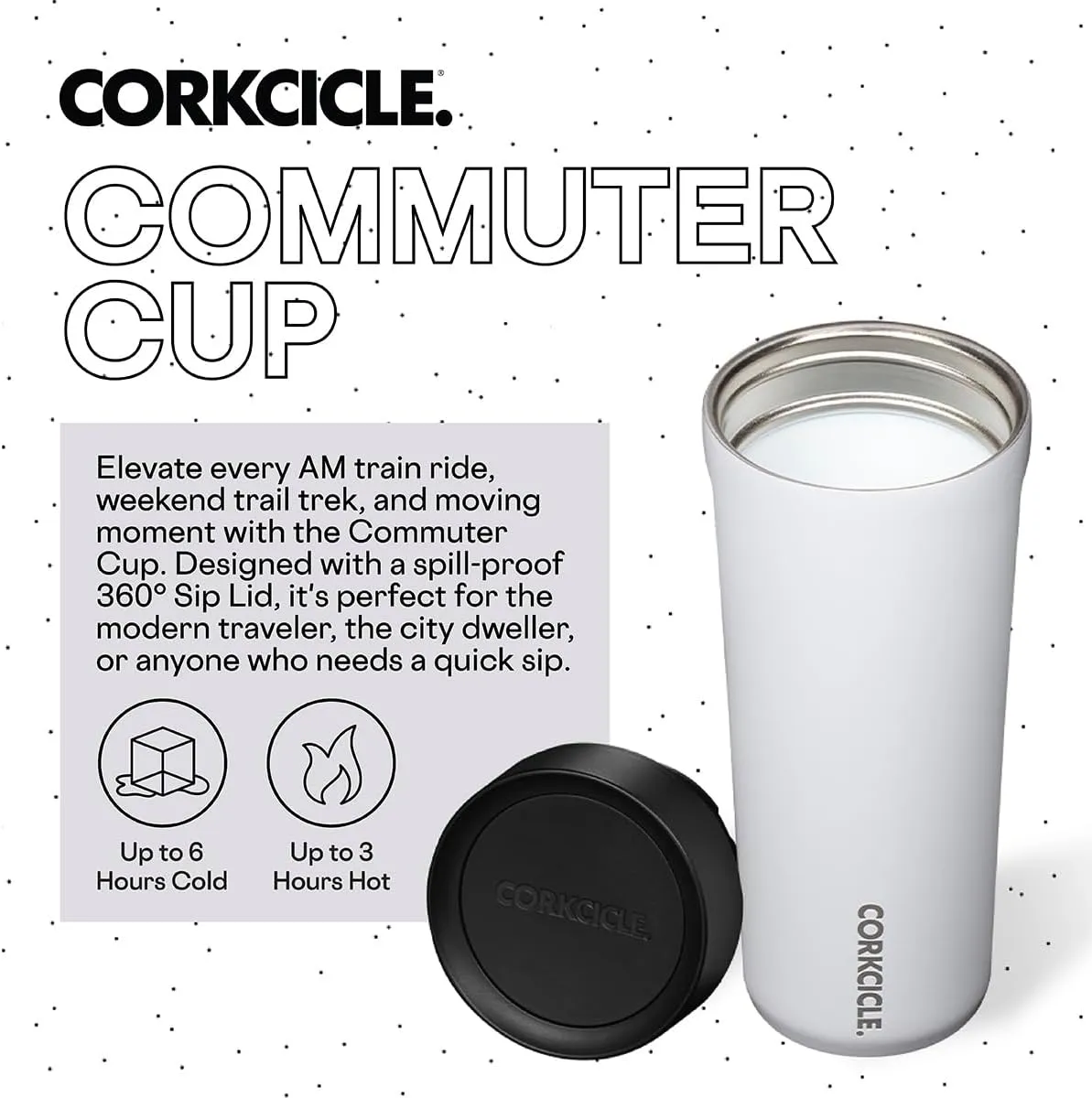 Corkcicle Commuter Cup Travel Mug with 360° Sip Lid, Gloss White, 17 oz – Insulated Coffee Mug with Lid Keeps Beverages Cold 18 Hours, Hot 5 Hours – Cupholder Friendly & Spill-Proof Slim Tumbler