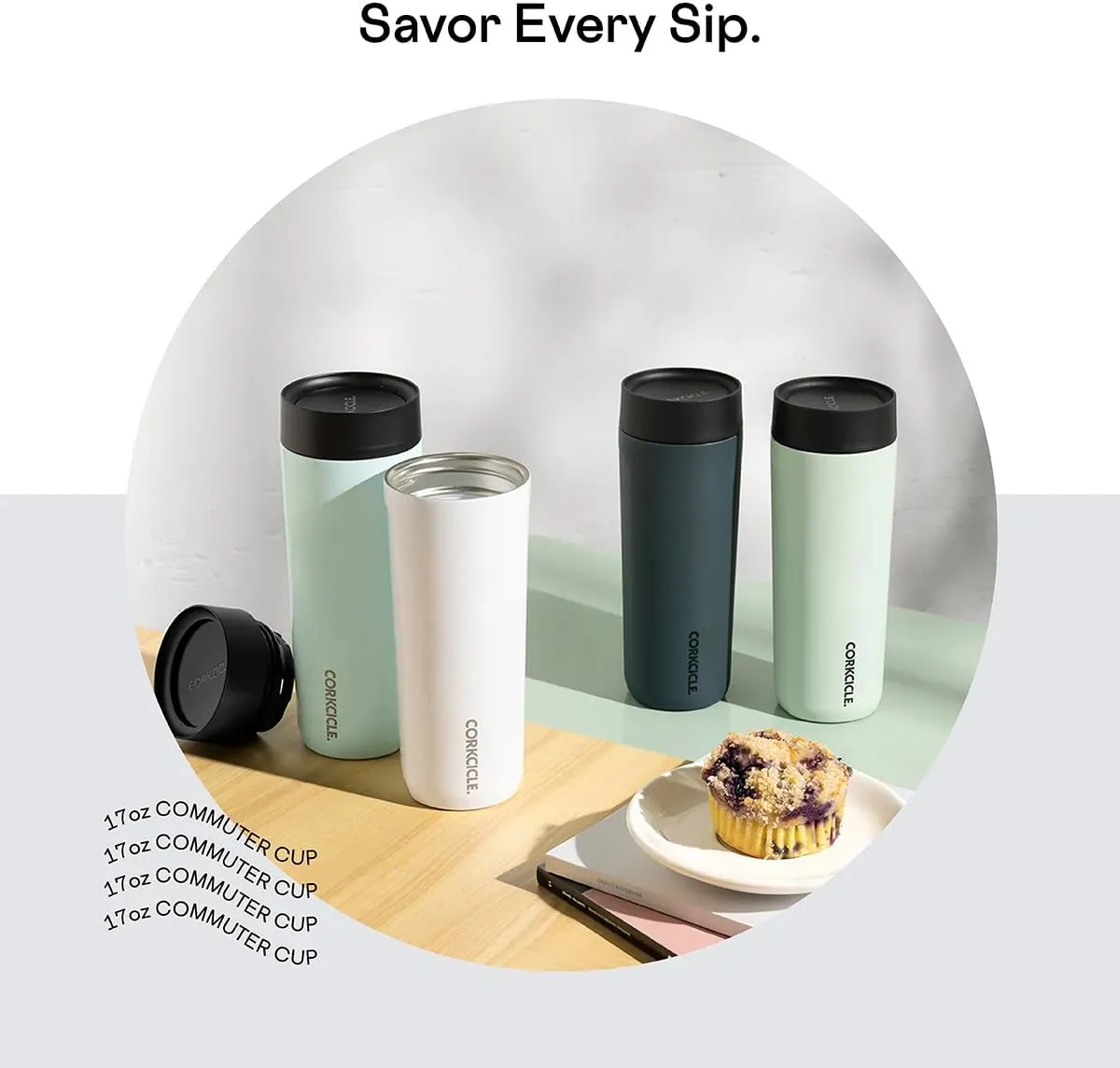 Corkcicle Commuter Cup Travel Mug with 360° Sip Lid, Gloss White, 17 oz – Insulated Coffee Mug with Lid Keeps Beverages Cold 18 Hours, Hot 5 Hours – Cupholder Friendly & Spill-Proof Slim Tumbler