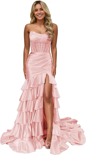 Corset Mermaid Satin Prom Dress for Women Strapless Tiered Ruffle Formal Evening Gowns with Slit