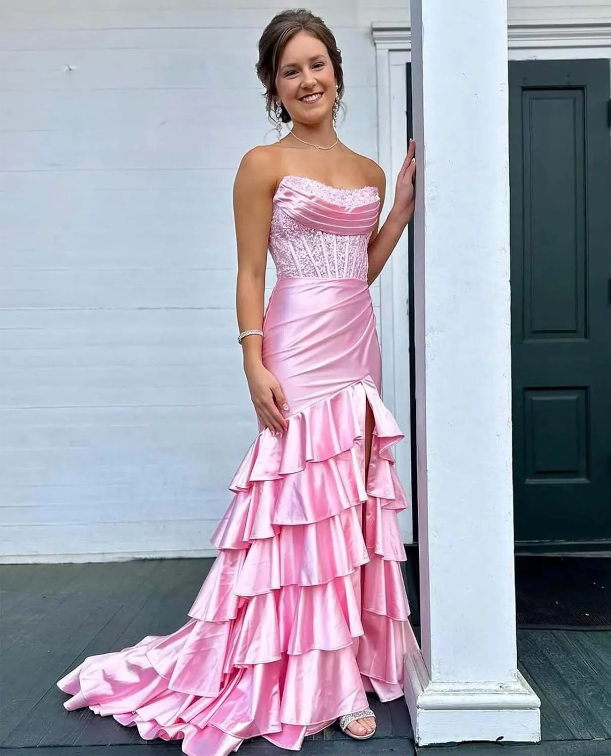 Corset Mermaid Satin Prom Dress for Women Strapless Tiered Ruffle Formal Evening Gowns with Slit