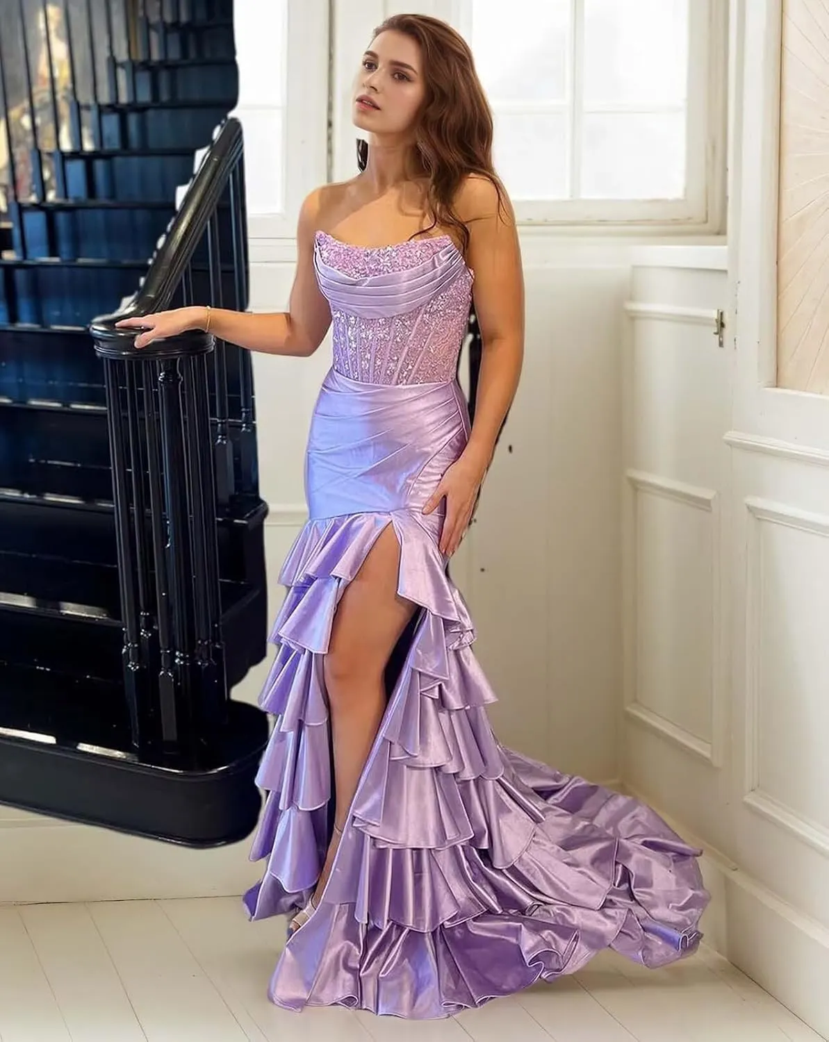 Corset Mermaid Satin Prom Dress for Women Strapless Tiered Ruffle Formal Evening Gowns with Slit