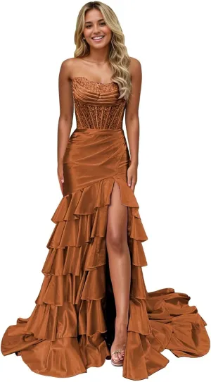 Corset Mermaid Satin Prom Dress for Women Strapless Tiered Ruffle Formal Evening Gowns with Slit