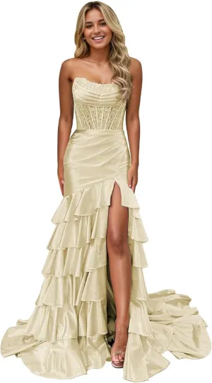 Corset Mermaid Satin Prom Dress for Women Strapless Tiered Ruffle Formal Evening Gowns with Slit