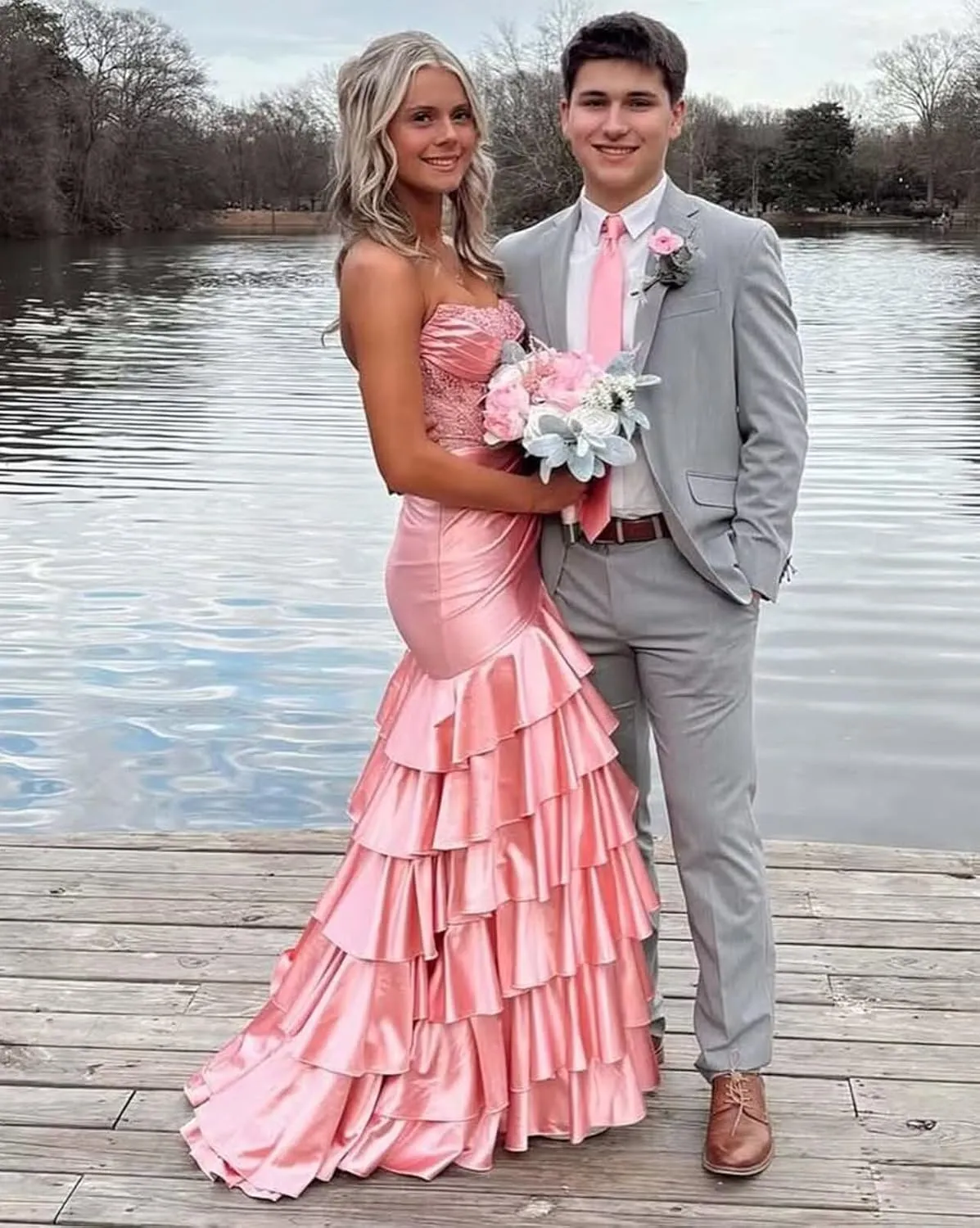 Corset Mermaid Satin Prom Dress for Women Strapless Tiered Ruffle Formal Evening Gowns with Slit
