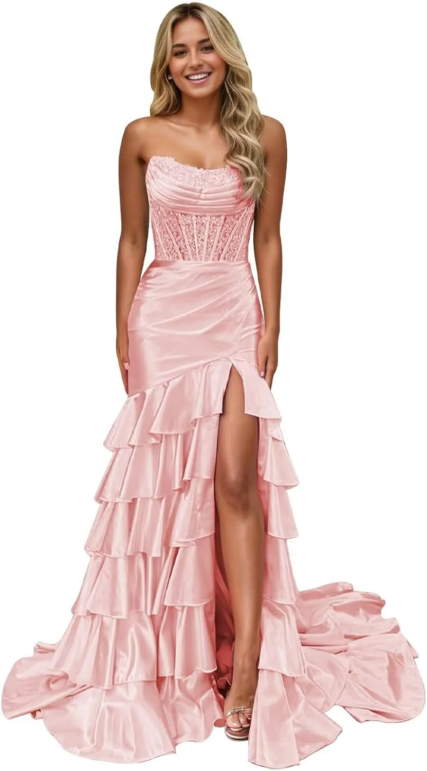 Corset Mermaid Satin Prom Dress for Women Strapless Tiered Ruffle Formal Evening Gowns with Slit