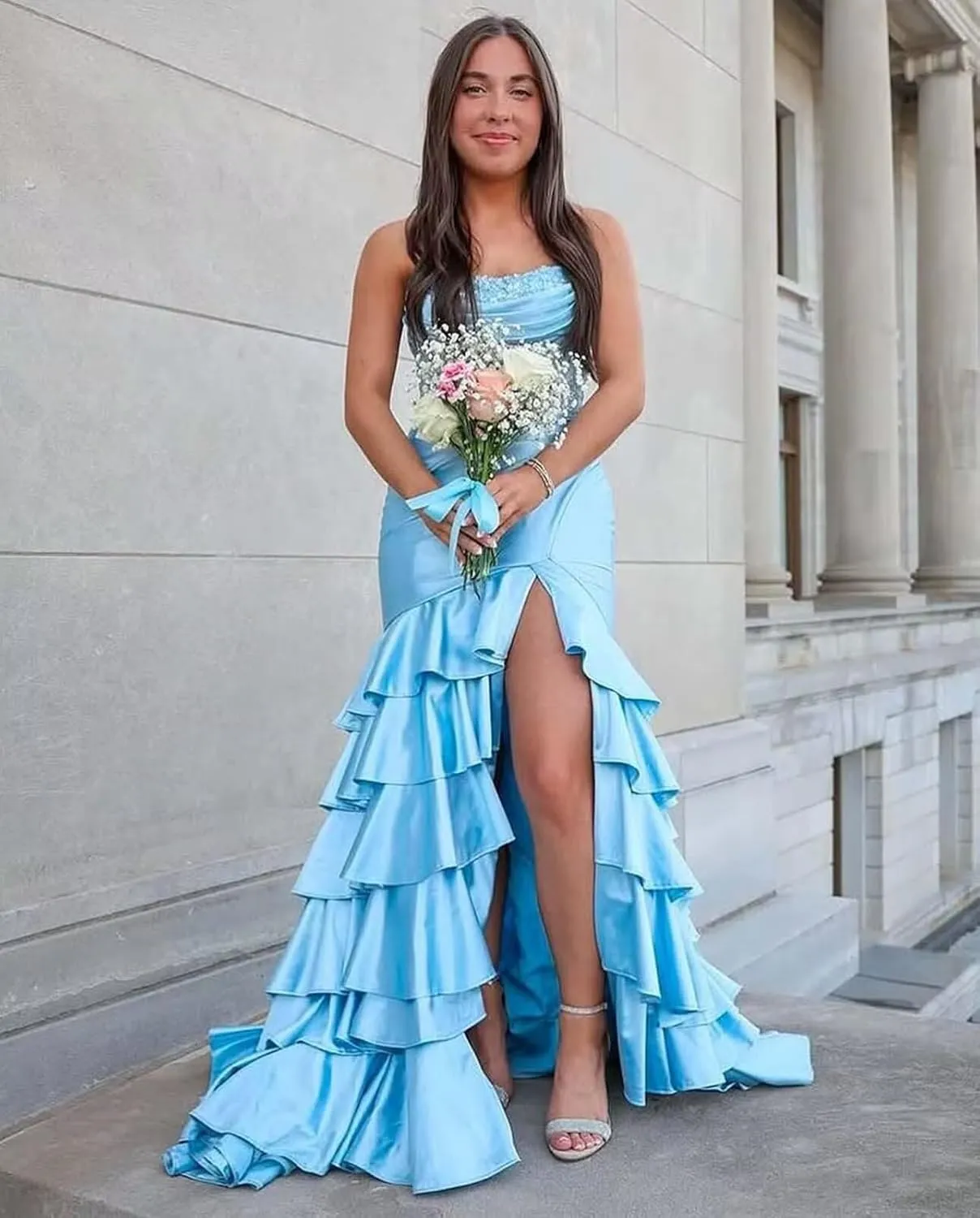 Corset Mermaid Satin Prom Dress for Women Strapless Tiered Ruffle Formal Evening Gowns with Slit