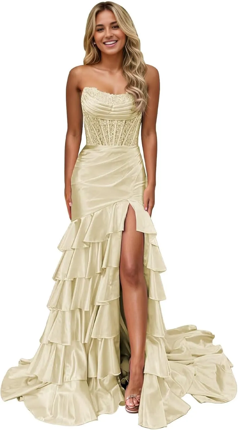 Corset Mermaid Satin Prom Dress for Women Strapless Tiered Ruffle Formal Evening Gowns with Slit