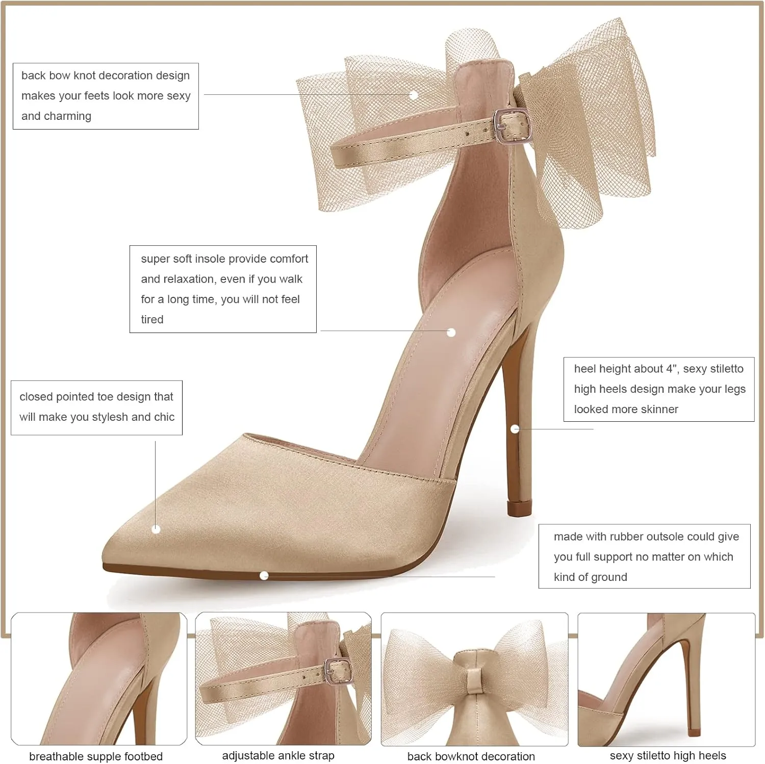 Coutgo Women's Closed Pointed Toe High Heels with Bow Knot Ankle Strap Satin Stiletto Pumps