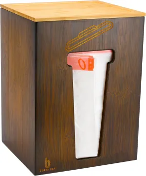 Cozee Bay Bamboo Trash Bag Dispenser with Lid, Trash Bag Holder Organizer, Garbage Bag Dispenser for Kitchen Countertop, Under Sink and Wall Mount - Extra Large (Vintage Brown)