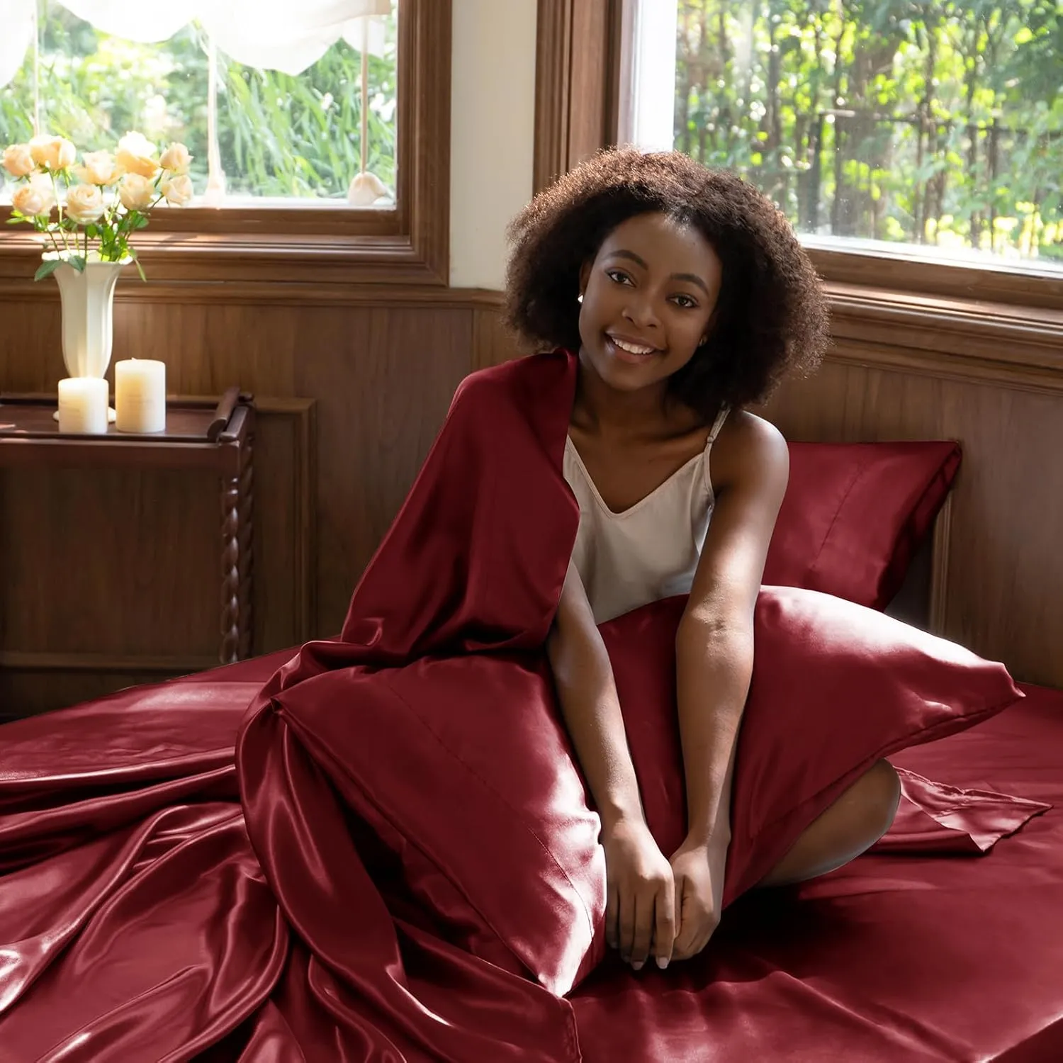 CozyLux Satin Sheets Queen Size - 4 Piece Burgundy Bed Sheet Set with Silky Microfiber, 1 Deep Pocket Fitted Sheet, 1 Flat Sheet, and 2 Pillowcases - Smooth and Soft
