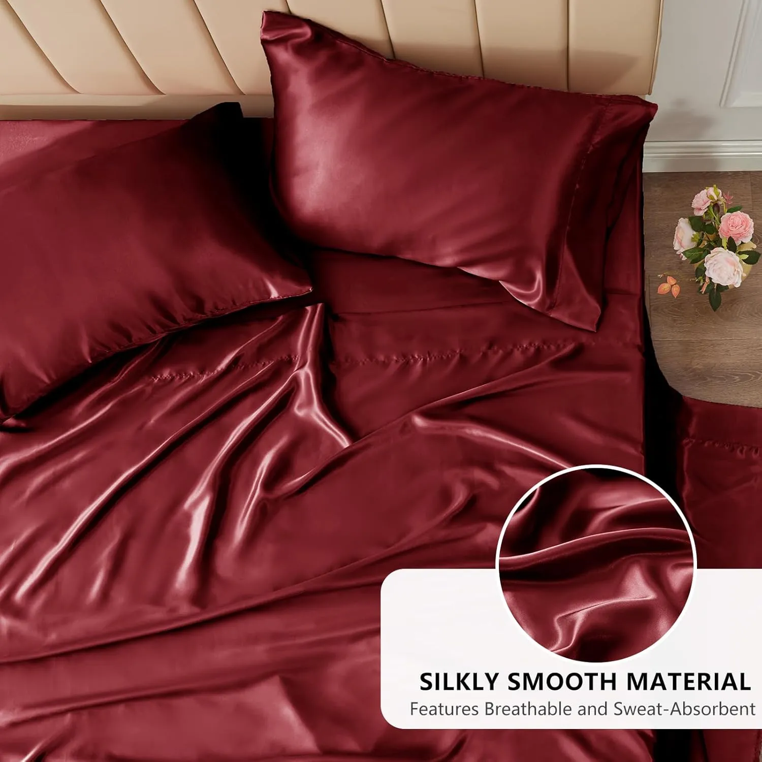 CozyLux Satin Sheets Queen Size - 4 Piece Burgundy Bed Sheet Set with Silky Microfiber, 1 Deep Pocket Fitted Sheet, 1 Flat Sheet, and 2 Pillowcases - Smooth and Soft