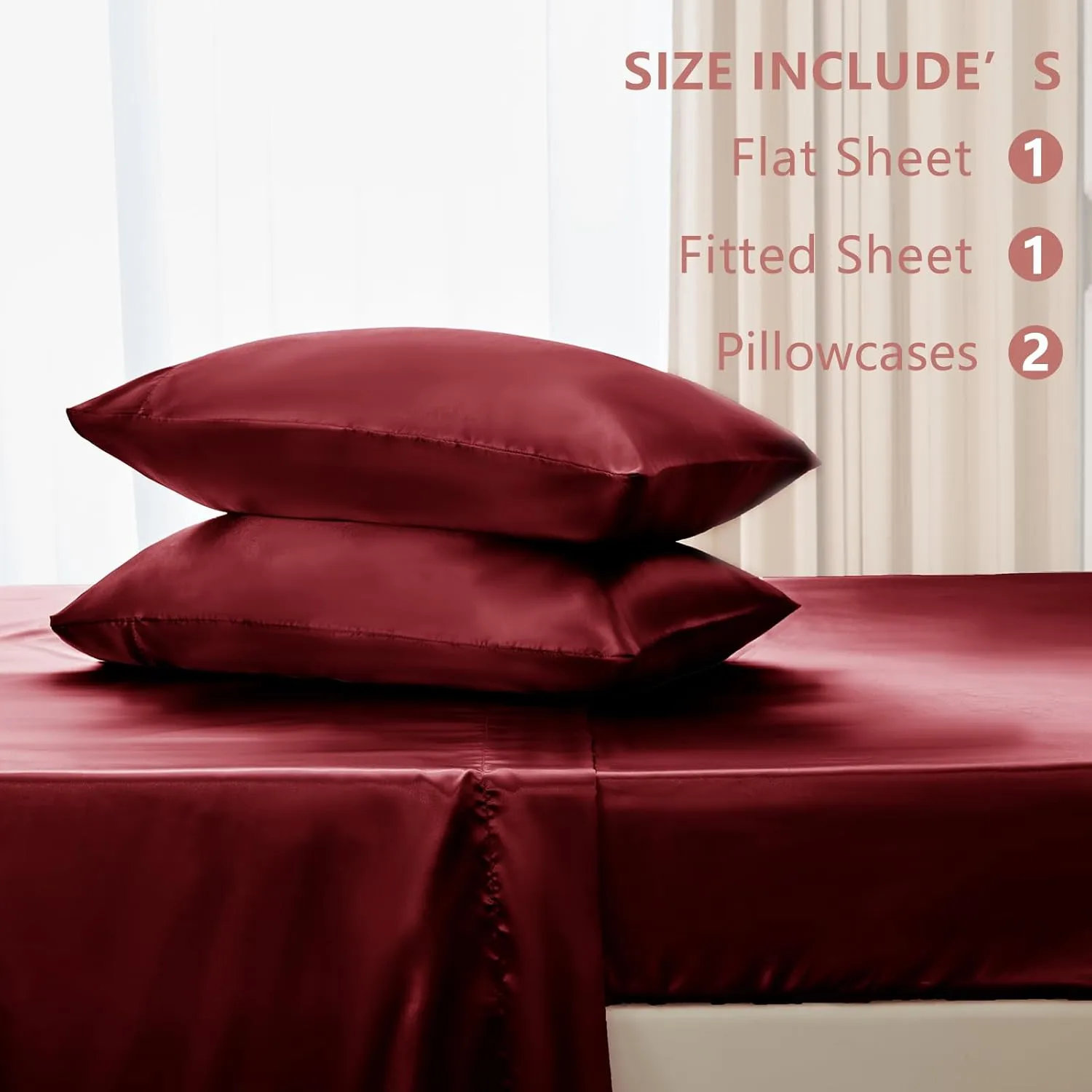 CozyLux Satin Sheets Queen Size - 4 Piece Burgundy Bed Sheet Set with Silky Microfiber, 1 Deep Pocket Fitted Sheet, 1 Flat Sheet, and 2 Pillowcases - Smooth and Soft