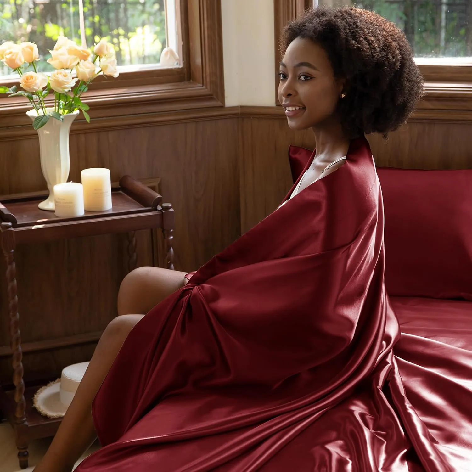 CozyLux Satin Sheets Queen Size - 4 Piece Burgundy Bed Sheet Set with Silky Microfiber, 1 Deep Pocket Fitted Sheet, 1 Flat Sheet, and 2 Pillowcases - Smooth and Soft