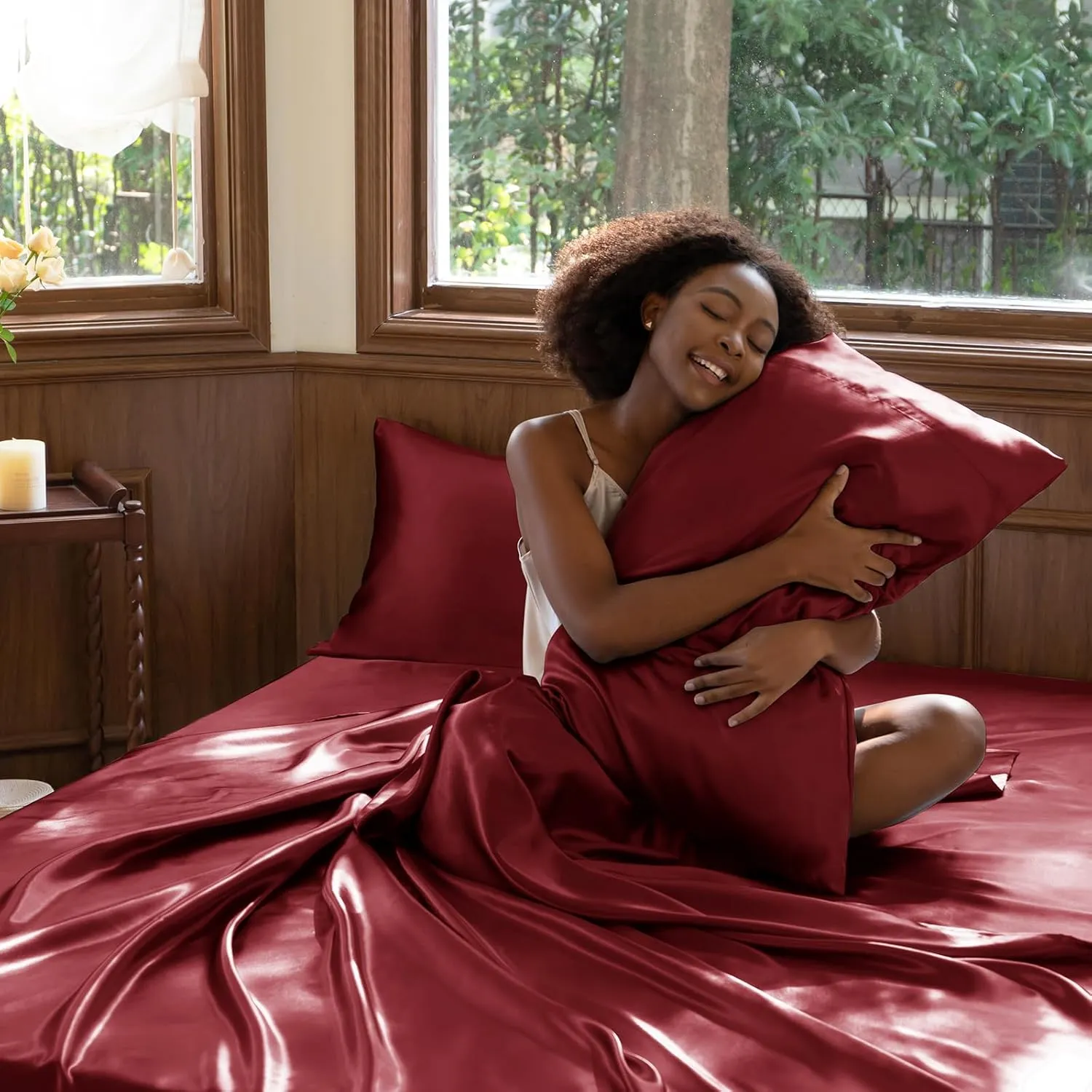 CozyLux Satin Sheets Queen Size - 4 Piece Burgundy Bed Sheet Set with Silky Microfiber, 1 Deep Pocket Fitted Sheet, 1 Flat Sheet, and 2 Pillowcases - Smooth and Soft