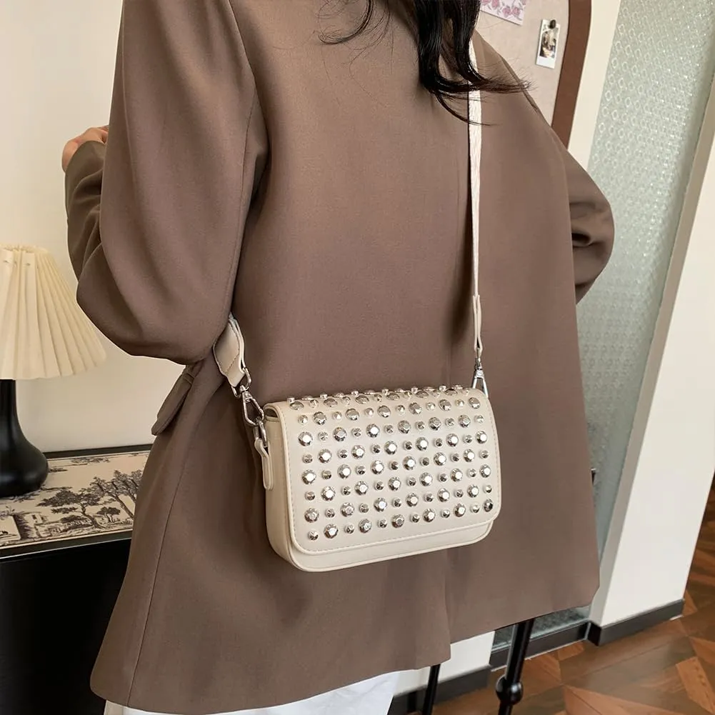 Crossbody Bag for Women With Adjustable Guitar Strap Handbag PU Leather Rivet Studded Satchel Purse Clutch Purse f