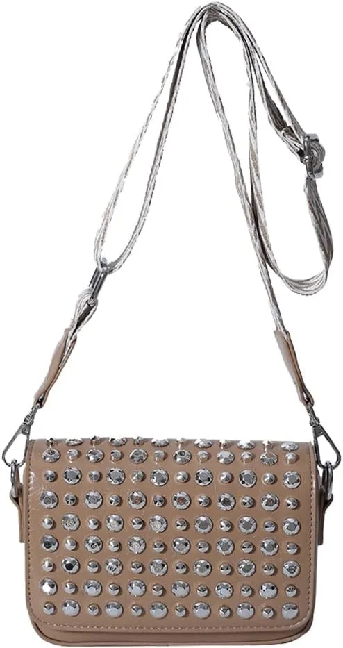 Crossbody Bag for Women With Adjustable Guitar Strap Handbag PU Leather Rivet Studded Satchel Purse Clutch Purse f