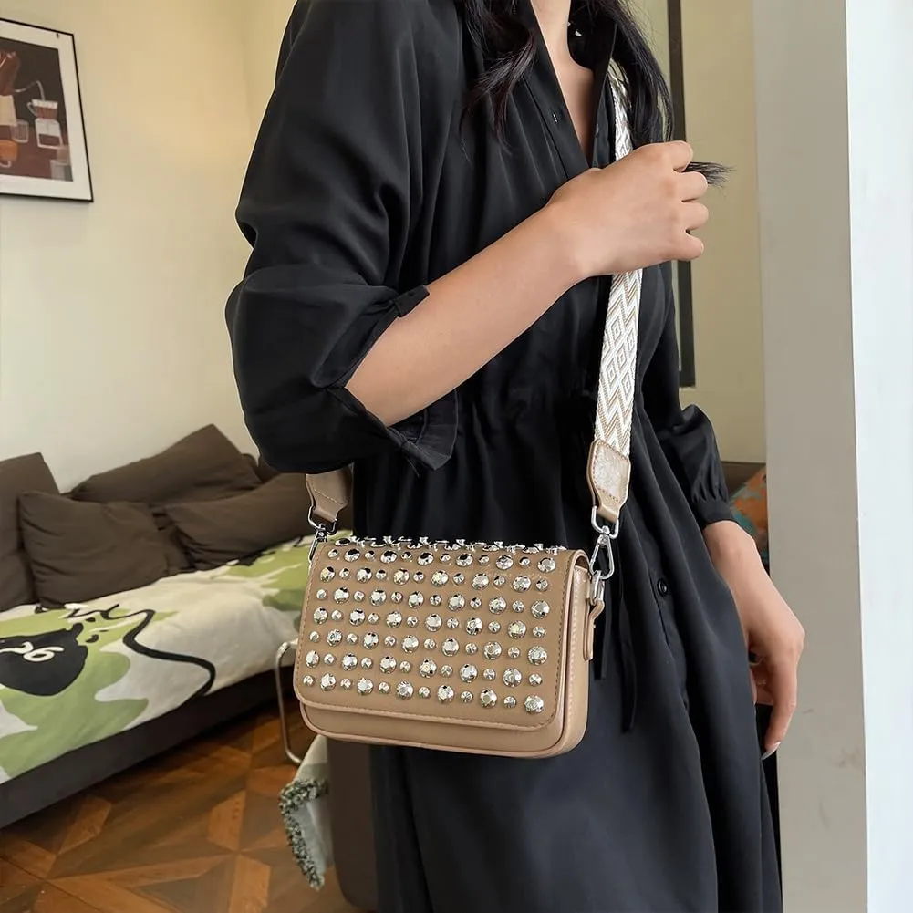 Crossbody Bag for Women With Adjustable Guitar Strap Handbag PU Leather Rivet Studded Satchel Purse Clutch Purse f