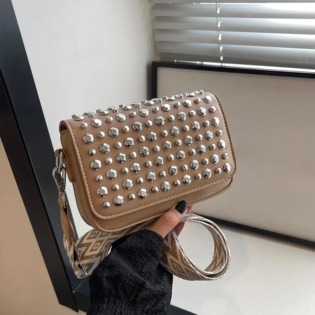 Crossbody Bag for Women With Adjustable Guitar Strap Handbag PU Leather Rivet Studded Satchel Purse Clutch Purse f