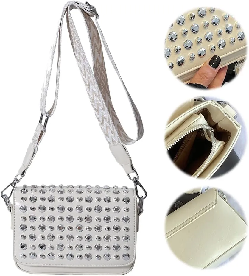 Crossbody Bag for Women With Adjustable Guitar Strap Handbag PU Leather Rivet Studded Satchel Purse Clutch Purse f