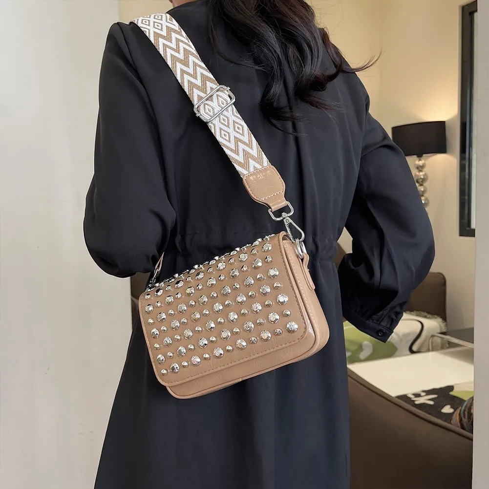 Crossbody Bag for Women With Adjustable Guitar Strap Handbag PU Leather Rivet Studded Satchel Purse Clutch Purse f