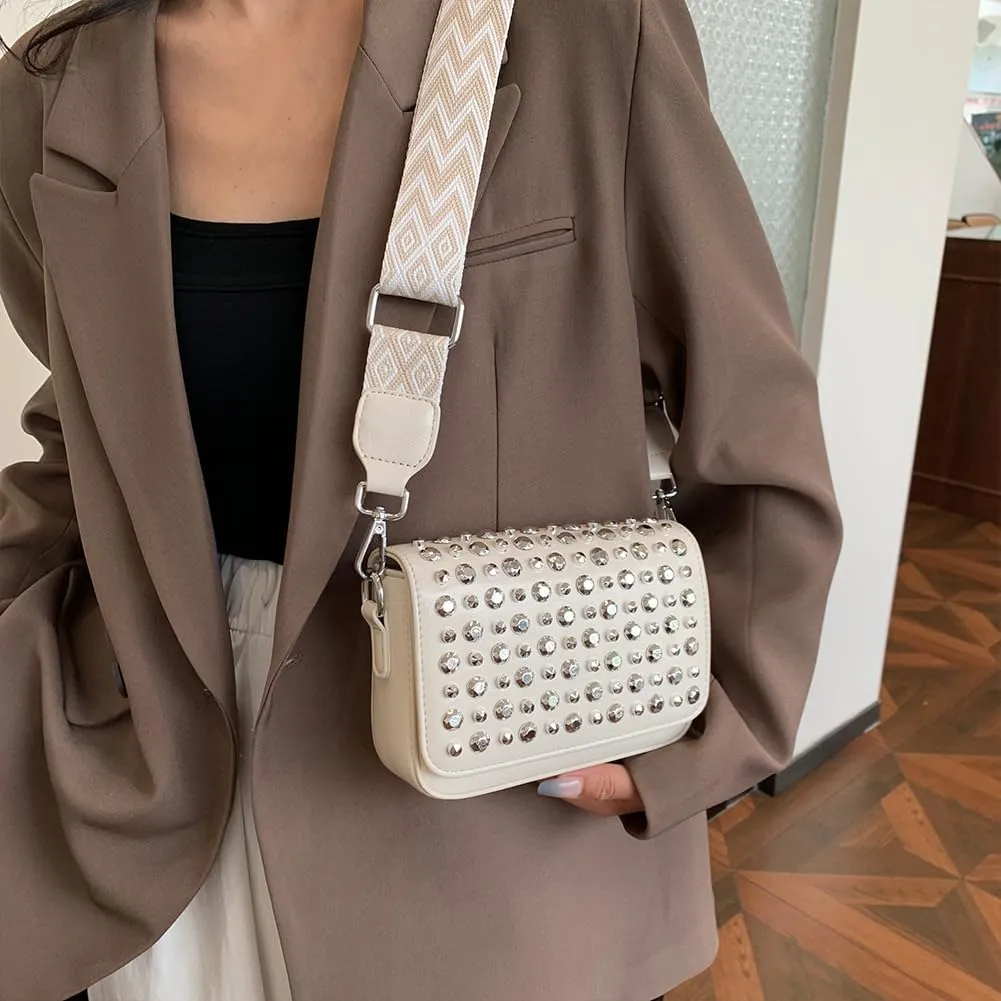 Crossbody Bag for Women With Adjustable Guitar Strap Handbag PU Leather Rivet Studded Satchel Purse Clutch Purse f