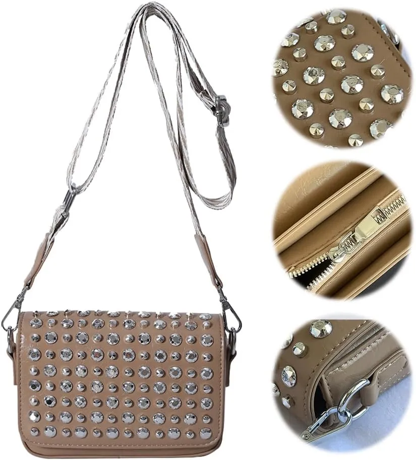 Crossbody Bag for Women With Adjustable Guitar Strap Handbag PU Leather Rivet Studded Satchel Purse Clutch Purse f