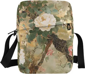 Crossbody Bag Purse Oriental Flowers Print for Women Men, Small Shoulder Pouch with Adjustable Strap 6.6×2.5×9.4 IN