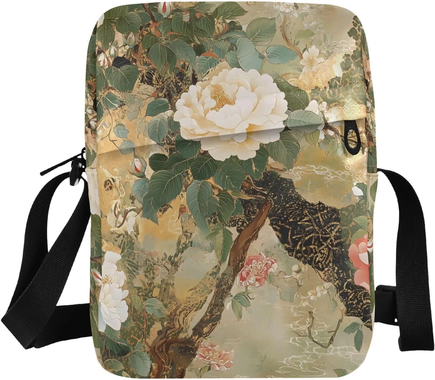 Crossbody Bag Purse Oriental Flowers Print for Women Men, Small Shoulder Pouch with Adjustable Strap 6.6×2.5×9.4 IN
