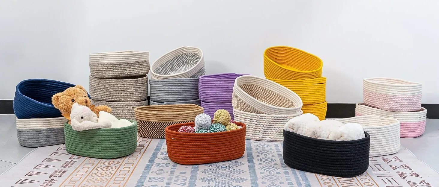 CubesLand Small Storage Baskets for Shelves, Closet Organization Bins Empty Gift Basket 2 Packs Baby Nursery Woven Organizing, Rectangular Clothes Shelves Off White/Mixed Camel