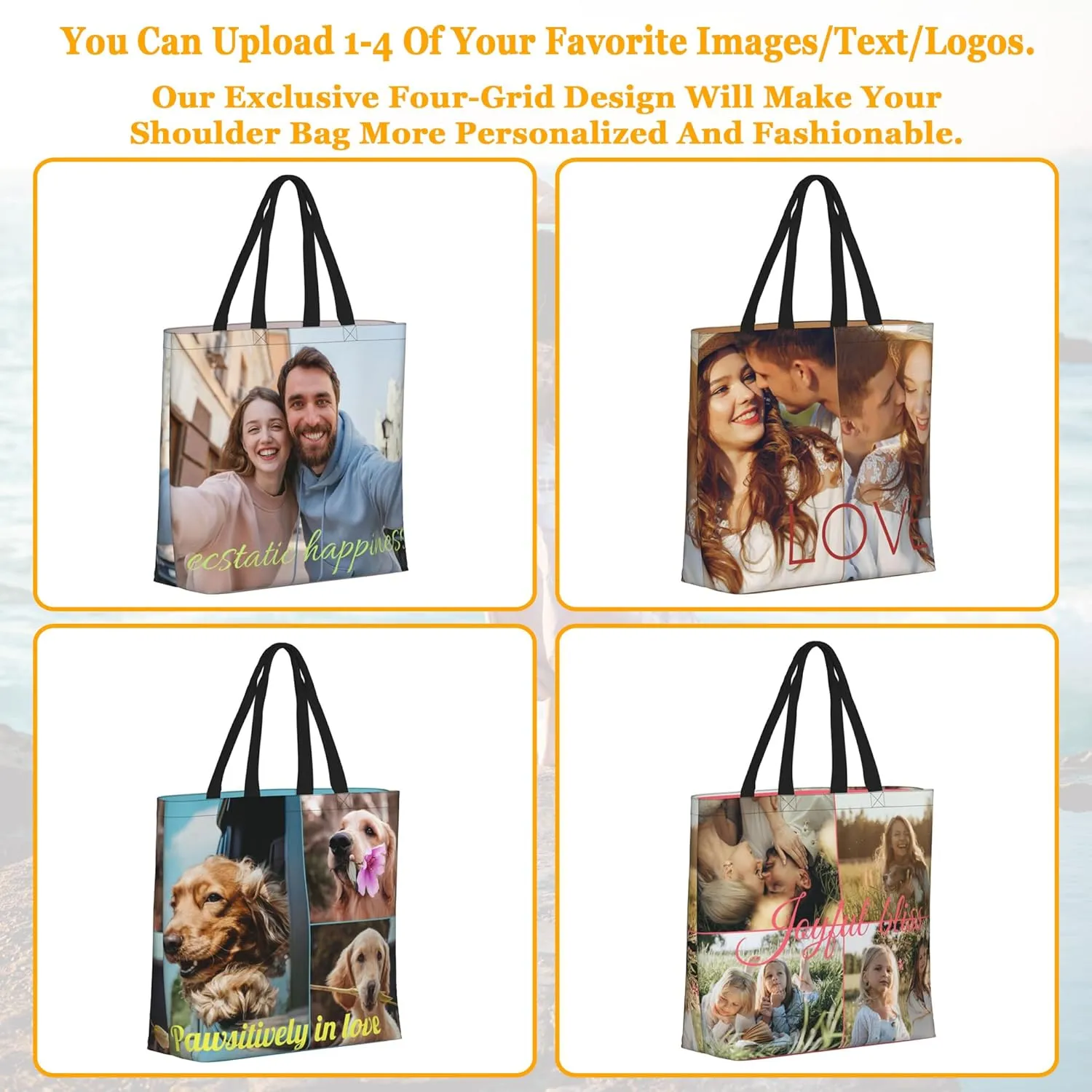 Custom Tote Bag Personalized Shoulder Bag Customize 1-4 Photo Text Logo Large Capacity Waterproof Bag