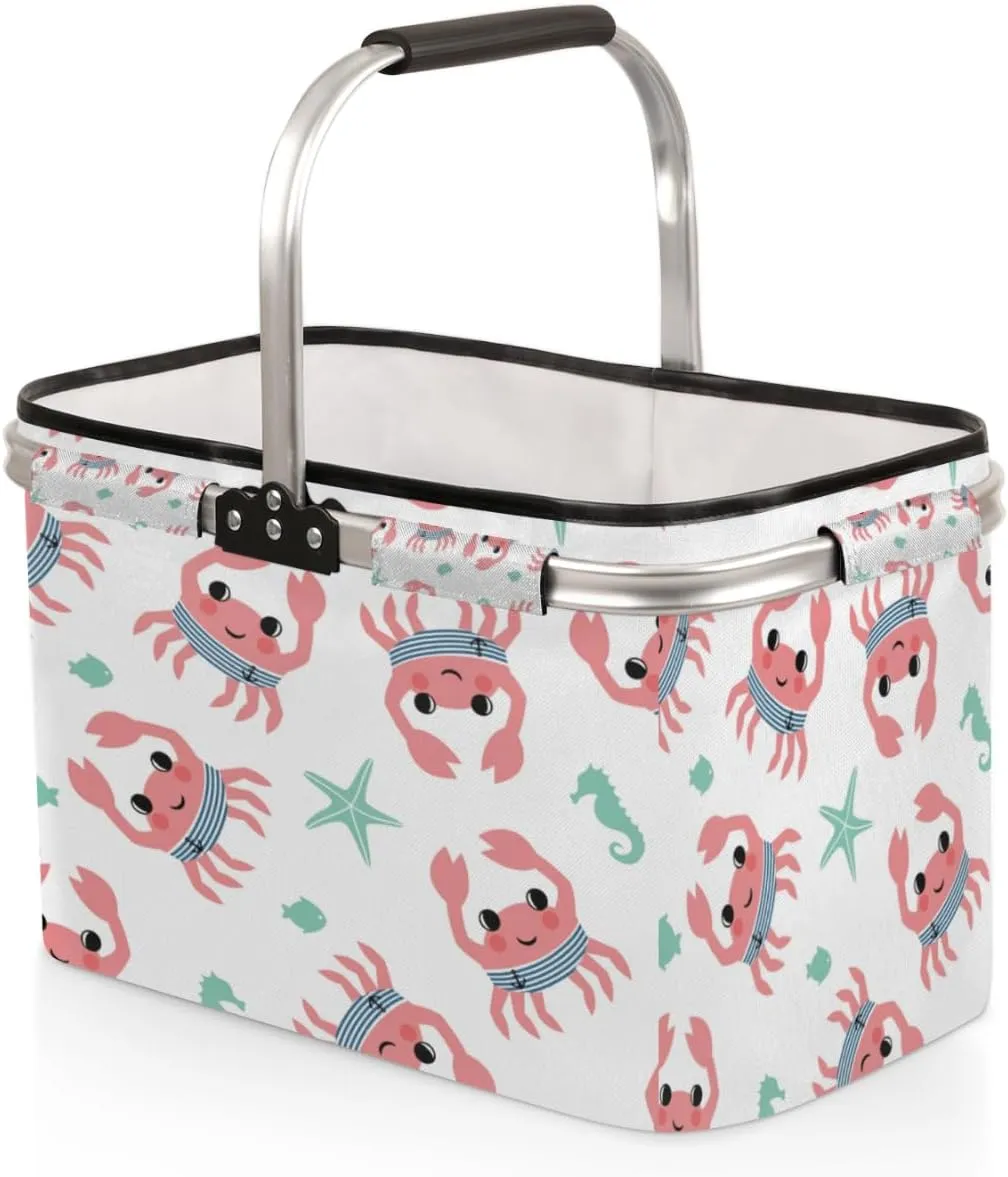 Cute Crab Larvae Market Basket Collapsible Shopping Basket Strong Aluminum Frame Laundry Basket Large Reusable Grocery Bag Folding Picnic Basket