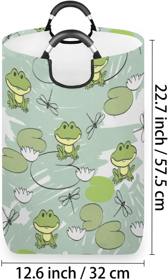 Cute Dragonfly Frog Flower Laundry Basket Collapsible Laundry Hamper Waterproof Dirty Clothes Storage Baskets Foldable Washing Bin Laundry Bag With Handles for College Dorm Family
