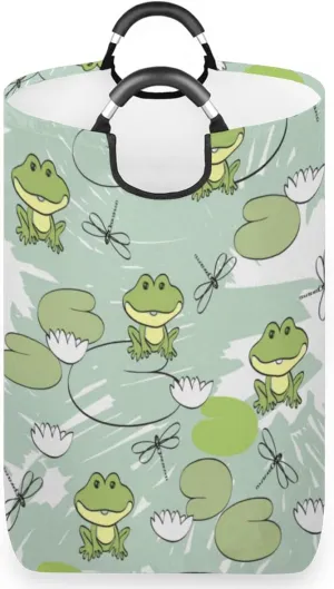Cute Dragonfly Frog Flower Laundry Basket Collapsible Laundry Hamper Waterproof Dirty Clothes Storage Baskets Foldable Washing Bin Laundry Bag With Handles for College Dorm Family