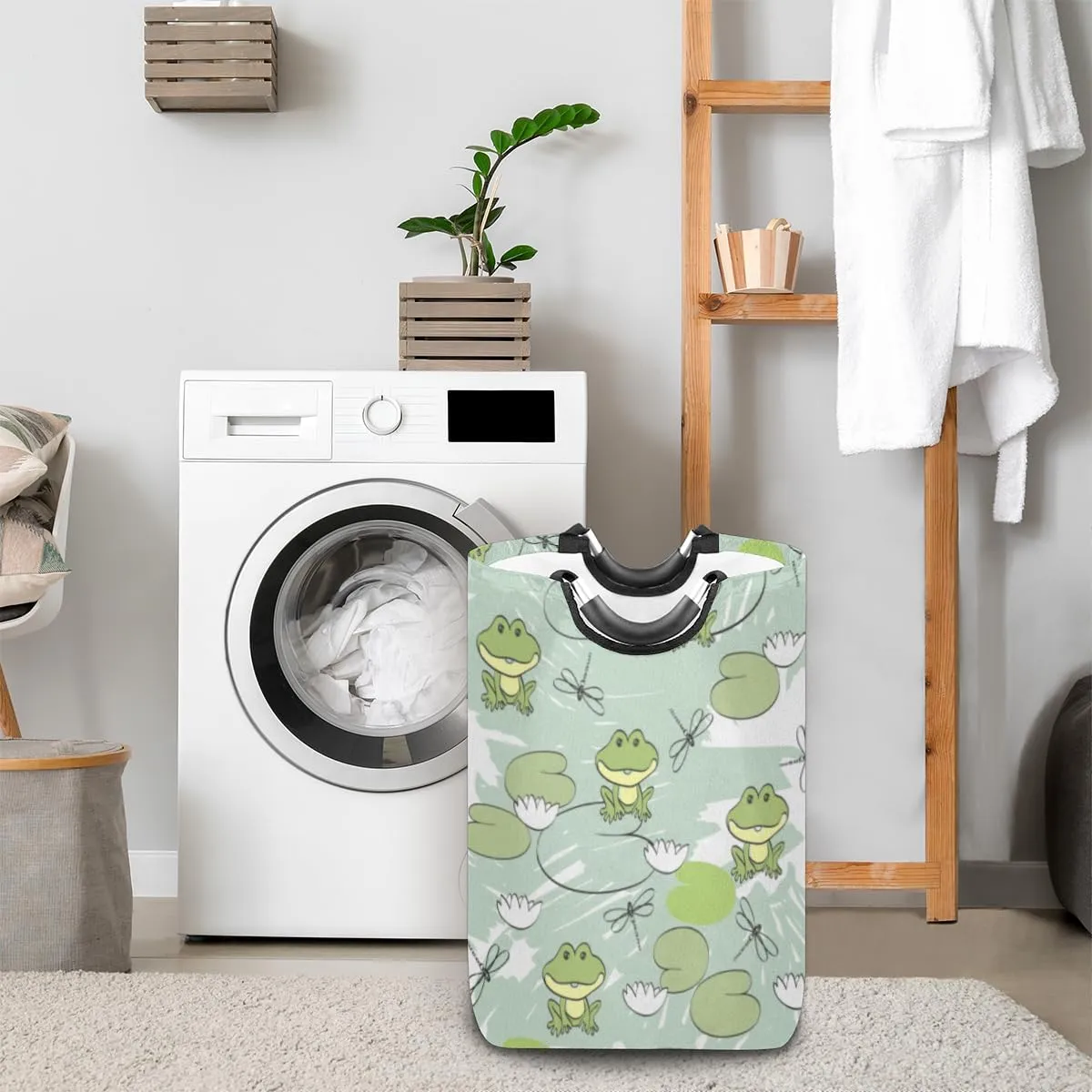 Cute Dragonfly Frog Flower Laundry Basket Collapsible Laundry Hamper Waterproof Dirty Clothes Storage Baskets Foldable Washing Bin Laundry Bag With Handles for College Dorm Family