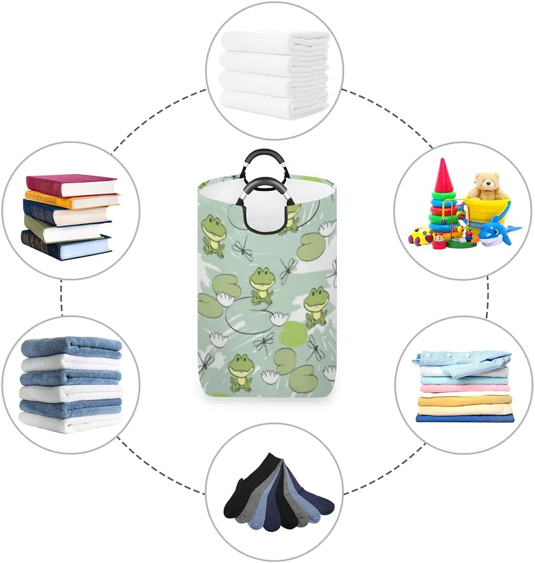 Cute Dragonfly Frog Flower Laundry Basket Collapsible Laundry Hamper Waterproof Dirty Clothes Storage Baskets Foldable Washing Bin Laundry Bag With Handles for College Dorm Family