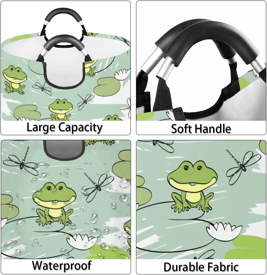 Cute Dragonfly Frog Flower Laundry Basket Collapsible Laundry Hamper Waterproof Dirty Clothes Storage Baskets Foldable Washing Bin Laundry Bag With Handles for College Dorm Family