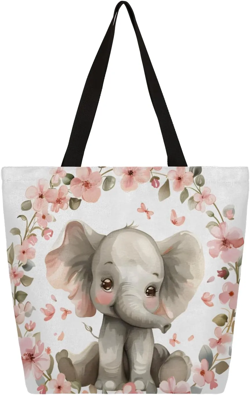 Cute Elephant Garland Large Capacity Canvas Tote Bag Stylish Handheld Shoulder Bag Reusable Shopping Bag for Work Travel Beach Trips Shopping