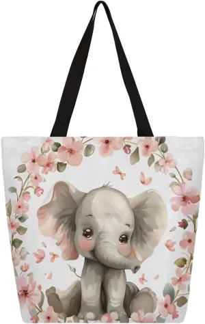 Cute Elephant Garland Large Capacity Canvas Tote Bag Stylish Handheld Shoulder Bag Reusable Shopping Bag for Work Travel Beach Trips Shopping
