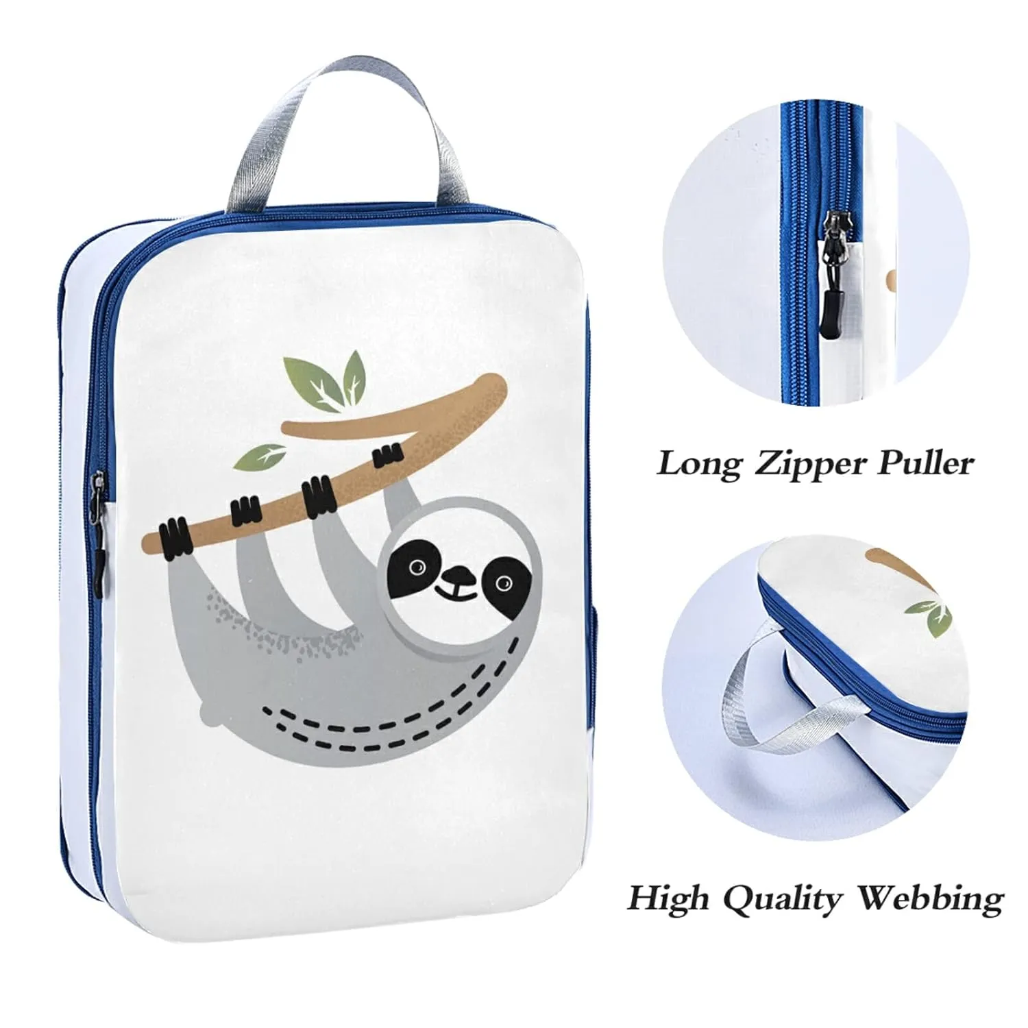 Cute Grey Sloths on Tree Branches with Green Leaves on White 3 Piece set Cubes Expandable Adjustable Luggage Packing Bags, Ultralight Organizer Accessories Travel Suitcase Compressible Bags