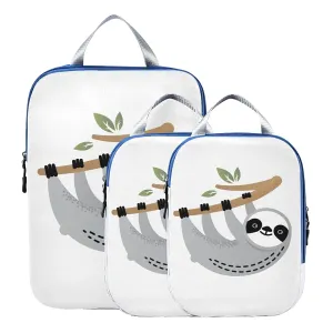 Cute Grey Sloths on Tree Branches with Green Leaves on White 3 Piece set Cubes Expandable Adjustable Luggage Packing Bags, Ultralight Organizer Accessories Travel Suitcase Compressible Bags