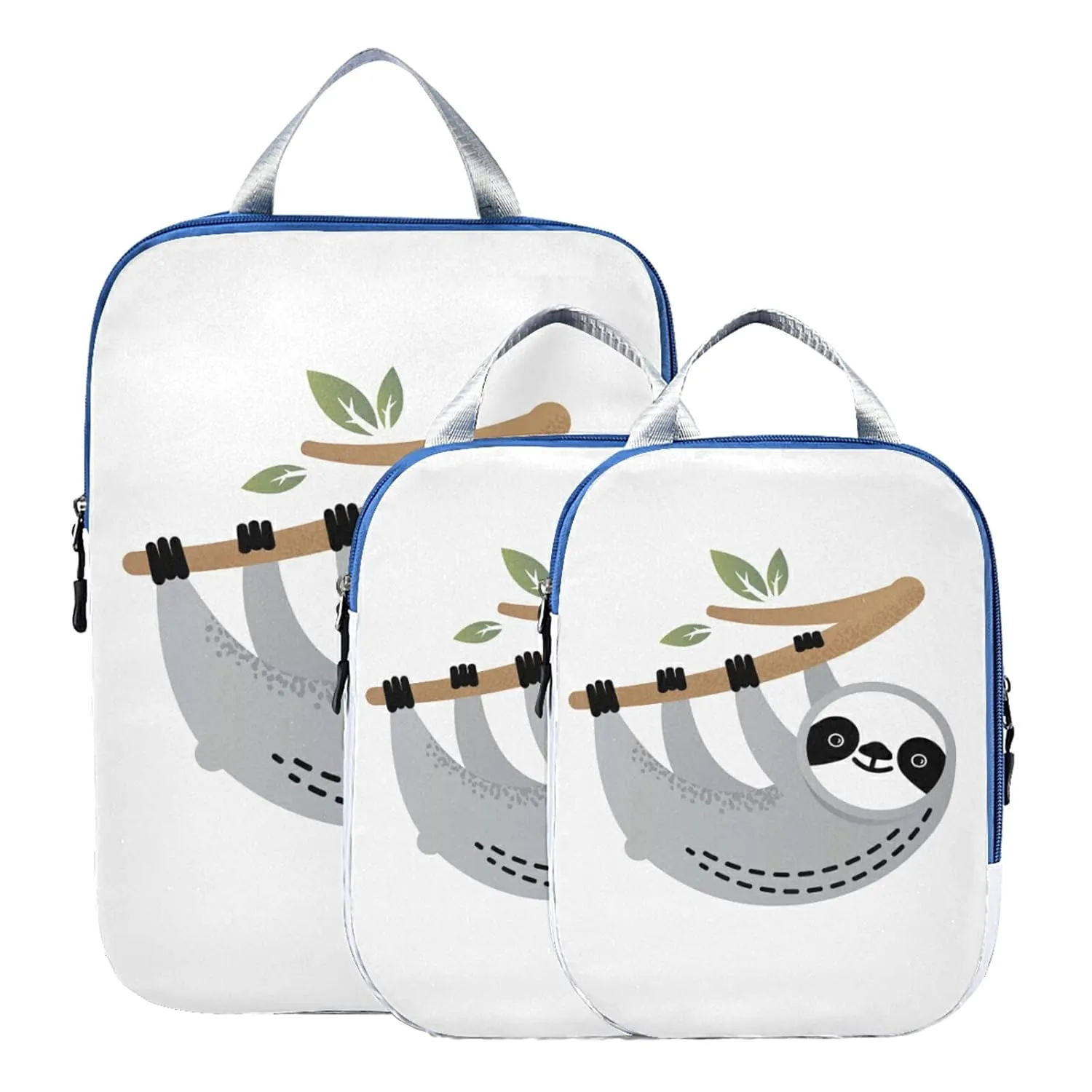 Cute Grey Sloths on Tree Branches with Green Leaves on White 3 Piece set Cubes Expandable Adjustable Luggage Packing Bags, Ultralight Organizer Accessories Travel Suitcase Compressible Bags