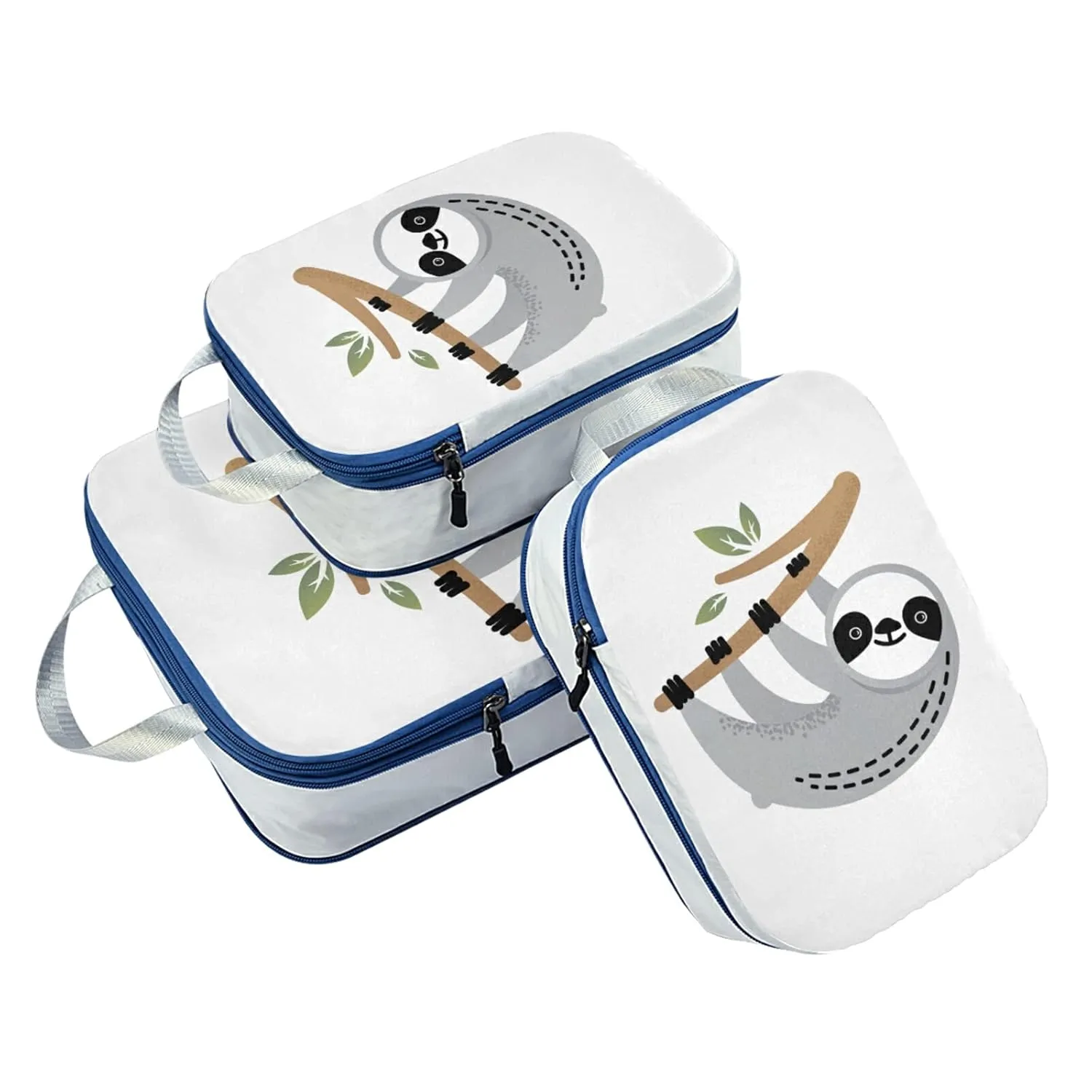 Cute Grey Sloths on Tree Branches with Green Leaves on White 3 Piece set Cubes Expandable Adjustable Luggage Packing Bags, Ultralight Organizer Accessories Travel Suitcase Compressible Bags