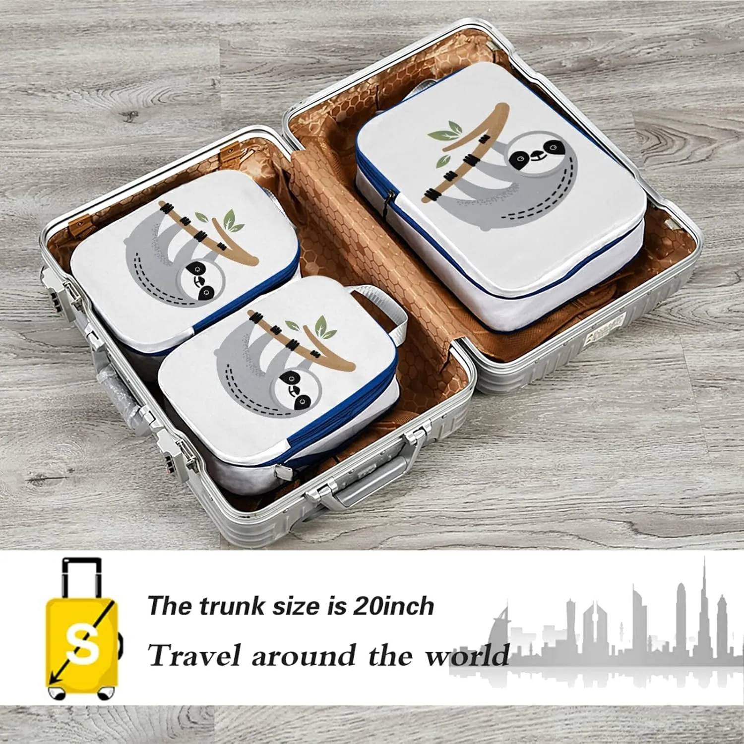 Cute Grey Sloths on Tree Branches with Green Leaves on White 3 Piece set Cubes Expandable Adjustable Luggage Packing Bags, Ultralight Organizer Accessories Travel Suitcase Compressible Bags